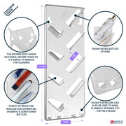 Close-up detail of the SBW Shower Rack showing bottle shelf and hanging hooks
