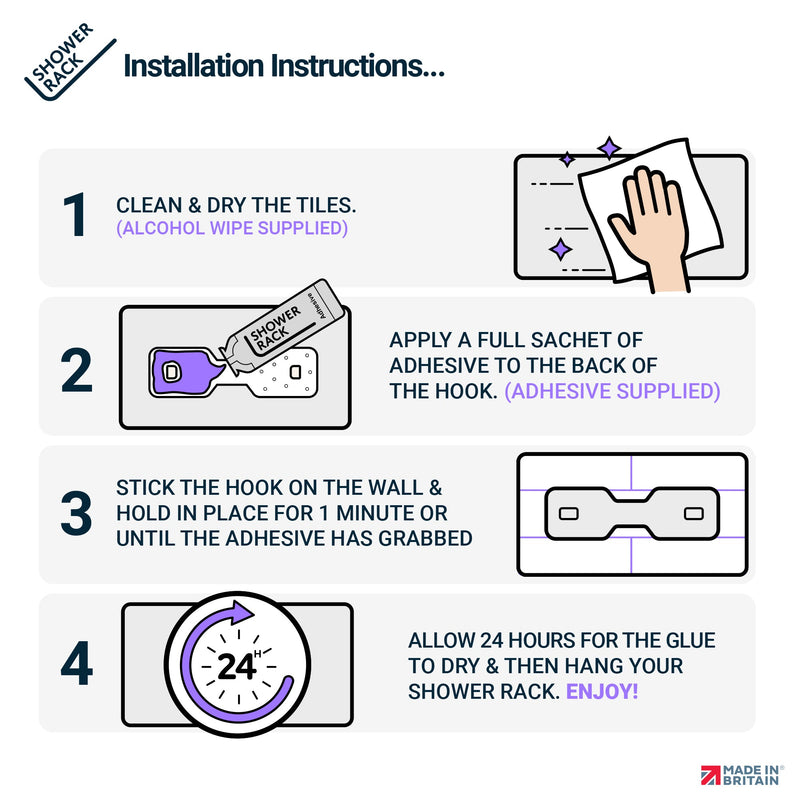 Step-by-step glue installation guide for the SBW Shower Rack