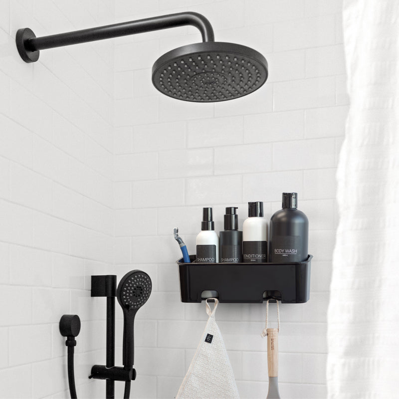 SBW black shower caddy installed in a modern bathroom shower