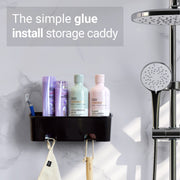 SBW black shower caddy shown with glue application wall hook, no drilling required