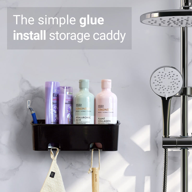 SBW black shower caddy shown with glue application wall hook, no drilling required