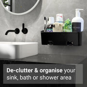 SBW black shower caddy holding shampoo and shower gel bottles