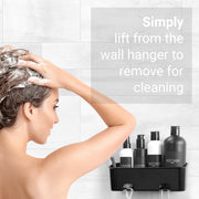 SBW black shower caddy shown with toiletries stored inside