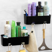 Two SBW gloss black shower caddies mounted side by side in a bathroom