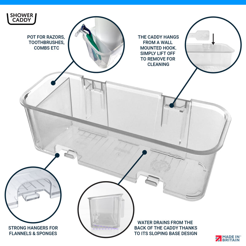 SBW Shower Caddy, Rust Proof Wall Mounted Bathroom Shower Organiser Storage Shelf Rack Caddies with Hangers, No-Drilling, Simple Glue Install, Easy to Remove, Plastic Clear Transparent